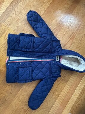 Mini Boden Navy Quilted Hooded Puffer Jacket with Rainbow Zipper